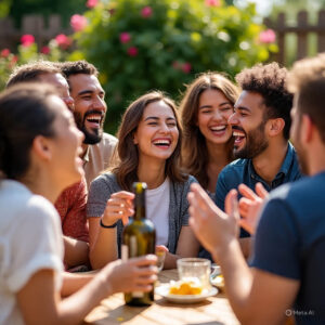 Group of friends smiling and walking outdoors”