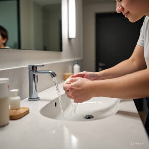 “Close-up of person washing hands with soap and water