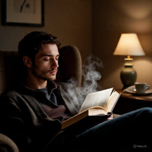 “Young person reading book with tea cup”