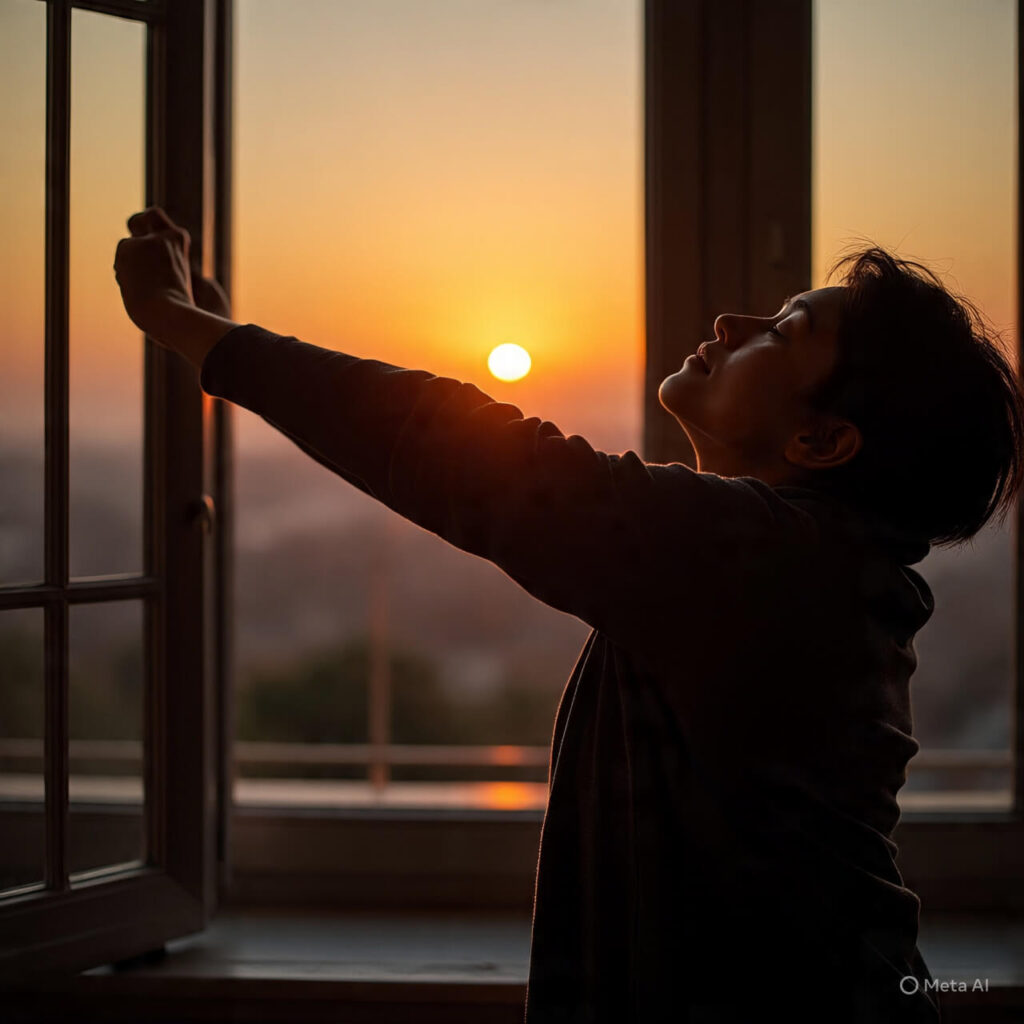 Morning sunrise with a person stretching to boost energy"